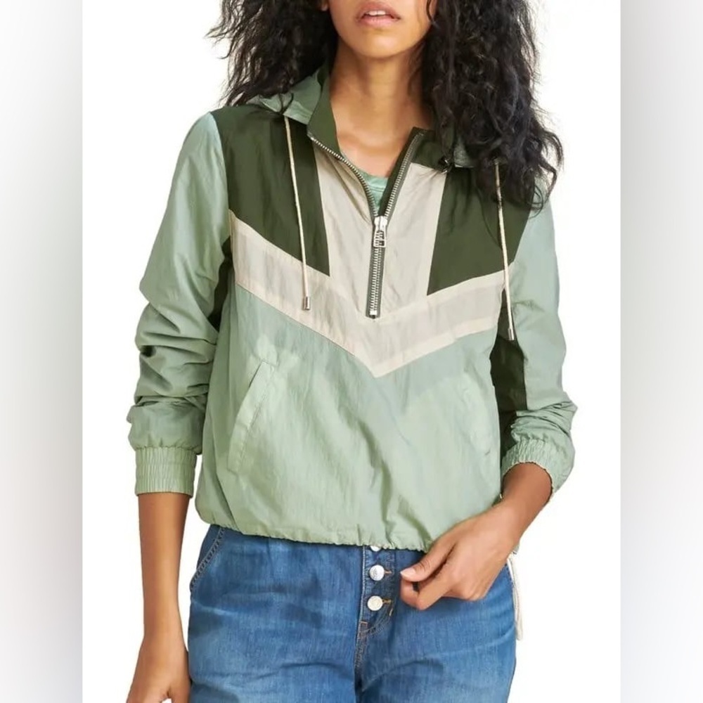 Veronica Beard Avery Half Zip Hooded Green and Cream Utility Jacket - Size Small
